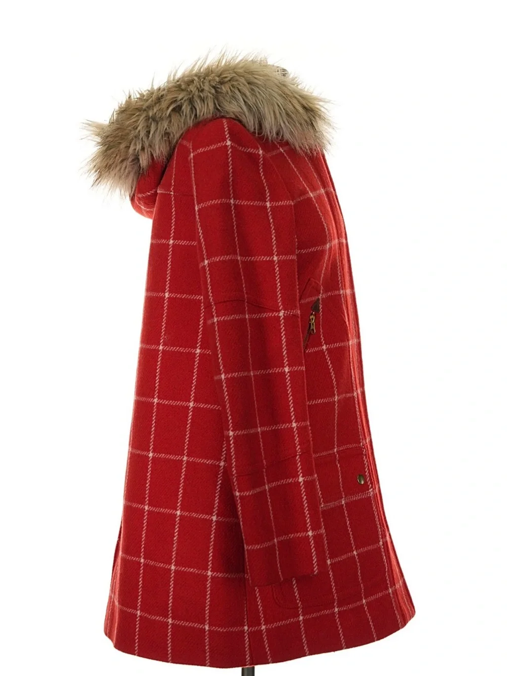 JCrew Chateau Wool Parka Red White Windowpane Plaid Coat w/ Faux Fur Trim Hood 2